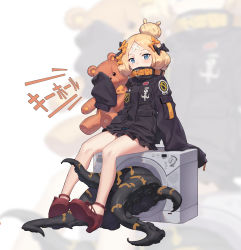 Rule 34 | 1girl, abigail williams (fate), abigail williams (traveling outfit) (fate), absurdres, black skirt, blonde hair, blue eyes, chunrijun (springer), crossed bandaids, fate/grand order, fate (series), hair bun, head tilt, heroic spirit traveling outfit, highres, long sleeves, looking at viewer, official alternate costume, parted bangs, short hair, single hair bun, sitting, sitting on object, skirt, stuffed animal, stuffed toy, teddy bear, tentacles, washing machine, zoom layer