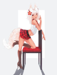 Rule 34 | 1girl, absurdres, animal ear fluff, animal ears, arched back, belt boots, boots, breasts, brown footwear, chair, commentary, crop top, cross-laced footwear, ehrrr, flower, fox, fox ears, fox tail, from side, full body, hair flower, hair ornament, high heel boots, high heels, highres, knee boots, lace-up boots, long hair, looking at viewer, midriff, miniskirt, necktie, open mouth, original, plaid, plaid skirt, red eyes, red necktie, shirt, skirt, sleeveless, sleeveless shirt, small breasts, solo, standing, standing on one leg, tail, thighs, two side up, white hair, white shirt