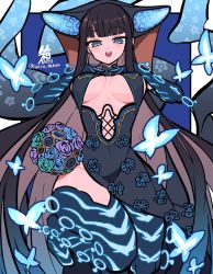 Rule 34 | 1girl, black hair, blue eyes, blue fire, boots, bouquet, breasts, bug, butterfly, dress, elbow gloves, fate/grand order, fate (series), fire, flower, gloves, hacco mayu, hands on own chest, hat, highres, insect, large breasts, long hair, medium breasts, signature, solo, thigh boots, very long hair, yang guifei (fate), yang guifei (third ascension) (fate)