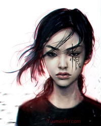 Rule 34 | 1girl, black eyes, black hair, chinese text, chromatic aberration, close-up, closed mouth, face, facepaint, highres, lips, long hair, looking at viewer, original, photo-referenced, solo, watermark, web address, wind, yuumei