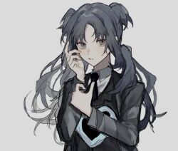 Rule 34 | 1girl, black necktie, collared shirt, e.g.o (project moon), employee (project moon), flat chest, grey eyes, grey hair, grey jacket, grey vest, jacket, lobotomy corporation, long hair, long sleeves, necktie, open clothes, open jacket, parted lips, project moon, shirt, shuishui a, simple background, sketch, solo, twintails, two side up, upper body, vest, white background, white shirt