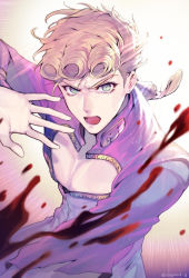 Rule 34 | 1boy, 723 (tobi), blonde hair, blood, braid, braided ponytail, earrings, giorno giovanna, green eyes, jacket, jewelry, jojo no kimyou na bouken, long hair, long sleeves, looking at viewer, open mouth, pink jacket, solo, v-shaped eyebrows, vento aureo