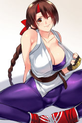 Rule 34 | 1girl, absurdres, belt, black belt, bodysuit, braid, braided ponytail, breasts, brown eyes, brown hair, cameltoe, cleavage, collarbone, covered erect nipples, dougi, fingerless gloves, gloves, hair between eyes, headband, highres, large breasts, looking at viewer, martial arts belt, negresco, one eye closed, pulling own clothes, red footwear, red headband, ryuuko no ken, shoes, sitting, sleeveless, sleeveless bodysuit, smile, sneakers, snk, solo, spandex, spread legs, swept bangs, the king of fighters, thick thighs, thighs, wink, yellow gloves, yuri sakazaki