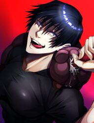 Rule 34 | 1boy, absurdres, artist request, black hair, constricted pupils, covered erect nipples, crazy eyes, drawing sword, from above, fushiguro touji, highres, holding, holding sword, holding weapon, jujutsu kaisen, looking at viewer, male focus, mature male, muscular, muscular male, pectorals, scar, scar on face, scar on mouth, shirt, short hair, smile, solo, sword, t-shirt, taut clothes, taut shirt, tongue, tongue out, upper body, weapon