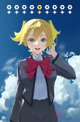 Rule 34 | 1girl, arm at side, artist name, backlighting, blonde hair, blue sky, bow, bowtie, breast pocket, breasts, buttons, cloud, collared shirt, commentary, cowboy shot, daiba nana, daifunier, day, dress shirt, flower (symbol), green eyes, green ribbon, grey jacket, grey skirt, hair between eyes, hair ribbon, hand up, high-waist skirt, highres, jacket, long sleeves, looking at viewer, medium breasts, open clothes, open jacket, open mouth, outdoors, pleated skirt, pocket, red bow, red bowtie, ribbon, school uniform, seishou music academy uniform, shirt, shirt tucked in, short hair, short twintails, shoujo kageki revue starlight, skirt, sky, smile, solo, standing, symbol-only commentary, teeth, twintails, upper teeth only, white shirt