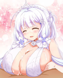 Rule 34 | 1boy, 1girl, after paizuri, afuro, azur lane, bare shoulders, blue eyes, grabbing another&#039;s breast, breasts, bridal veil, cum, cum on body, cum on breasts, cum on clothes, cum on hair, cum on upper body, dress, facial, flower, grabbing, halter dress, halterneck, huge breasts, illustrious (azur lane), illustrious (morning star of love and hope) (azur lane), lace, lace-trimmed dress, lace trim, long hair, looking at viewer, mole, mole under eye, official alternate costume, open mouth, paizuri, paizuri under clothes, penis, pov, rose, tiara, tri tails, veil, wedding dress, white dress, white flower, white hair, white rose