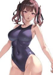 Rule 34 | 1girl, akahara tyun, black one-piece swimsuit, breasts, brown eyes, brown hair, cevio, competition swimsuit, covered navel, cowboy shot, hair ribbon, large breasts, long hair, looking at viewer, natsuki karin, one-piece swimsuit, open mouth, ribbon, simple background, solo, swimsuit, twintails, white background