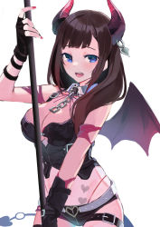 Rule 34 | 1girl, 322ojisan, alternate costume, blue eyes, breasts, brown hair, chain, cleavage, clothing cutout, demon girl, demon horns, demon wings, fingerless gloves, gloves, heart, highres, horns, large breasts, looking at viewer, navel, navel cutout, nijisanji, short shorts, shorts, simple background, suzuka utako, tattoo, thigh strap, thighs, thong, virtual youtuber, white background, wings