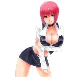 Rule 34 | 1girl, bad id, bad pixiv id, bare legs, black skirt, blunt bangs, blush, bow, bowtie, breast hold, breasts, cleavage, collarbone, contrapposto, female focus, green eyes, highres, large breasts, legs, long sleeves, looking at viewer, macfist, midriff, neck ribbon, pencil skirt, pink hair, ribbon, rio rollins, shirt, short hair, simple background, skirt, smile, solo, standing, super blackjack, vest, white background, white shirt
