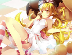 Rule 34 | 1girl, bakemonogatari, blonde hair, breasts, checkered floor, chocolate, doughnut, dress, food, goggles, goggles on head, heart, helmet, highres, long hair, long legs, looking at viewer, lying, monogatari (series), on back, oshino shinobu, oversized object, pointy ears, shiro (himawari), single thighhigh, solo, striped clothes, striped thighhighs, thigh strap, thighhighs, white dress, yellow eyes