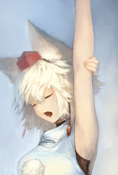 Rule 34 | 1girl, animal ears, arm up, armpits, bare arms, breasts, closed eyes, fang, female focus, hat, highres, inubashiri momiji, kinketsu, large breasts, open mouth, shirt, short hair, silver hair, sleeveless, sleeveless shirt, solo, stretching, tokin hat, touhou, upper body, wolf ears, yawning