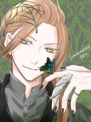 Rule 34 | 1boy, black nails, blonde hair, bug, butterfly, closed mouth, collar x malice, formal, green background, green butterfly, green eyes, green jacket, grey shirt, highres, insect, jacket, jewelry, long hair, looking at viewer, male focus, mero-yoruyami, ring, shiraishi kageyuki, shirt, smile, solo