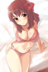 Rule 34 | 1022 deadly, 1girl, bed, bra, breasts, brown eyes, brown hair, cleavage, commentary request, error, girls und panzer, headband, kondou taeko, large breasts, looking at viewer, navel, panties, pillow, pink bra, pink panties, red headband, short hair, sitting, smile, solo, thighs, underwear, underwear only