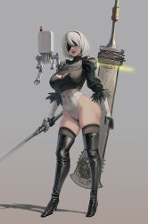 Rule 34 | 1girl, black blindfold, black footwear, black gloves, black hairband, black shirt, blindfold, boots, breasts, chain, commentary, covered erect nipples, covered eyes, english commentary, facing viewer, feather-trimmed sleeves, floating, floating object, floating sword, floating weapon, full body, gloves, grey background, hair between eyes, hairband, high heel boots, high heels, highleg, highleg leotard, highres, holding, holding sword, holding weapon, jeneral, juliet sleeves, katana, large breasts, leotard, lips, long sleeves, mole, mole under mouth, nier (series), nier:automata, open mouth, pod (nier:automata), puffy sleeves, shadow, shirt, short hair, silver hair, simple background, standing, sword, teeth, thigh boots, thighhighs, two-tone gloves, upper teeth only, weapon, white gloves, white leotard, 2b (nier:automata)