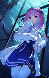 Rule 34 | 1girl, absurdres, ahoge, anchor hair ornament, black hairband, blue hair, blue skirt, braid, breasts, commentary request, frilled jacket, frills, hair ornament, hairband, highres, hololive, jacket, long hair, long sleeves, looking at viewer, medium breasts, minato aqua, minato aqua (sailor), multicolored hair, nail polish, open clothes, open jacket, pantyhose, parted lips, pleated skirt, puffy long sleeves, puffy sleeves, purple eyes, purple hair, scottie (phantom2), shirt, skirt, sleeves past wrists, solo, twin braids, twintails, two-tone hair, virtual youtuber, water, white jacket, white pantyhose, white shirt