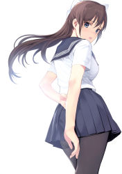 Rule 34 | 1girl, absurdres, blue eyes, blush, bow, breasts, brown hair, from behind, hair bow, highres, long hair, looking at viewer, looking back, medium breasts, mibu natsuki, open mouth, original, pantyhose, pleated skirt, scan, school uniform, short sleeves, simple background, skirt, solo, white background