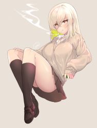 Rule 34 | 1girl, bad id, bad pixiv id, blonde hair, blush, breasts, brown background, brown eyes, brown footwear, brown skirt, brown socks, brown sweater, cigarette, collared shirt, commentary request, full body, hair between eyes, highres, holding, huyou (awegk), kneehighs, light brown hair, lighter, loafers, long hair, long sleeves, medium breasts, mouth hold, multicolored hair, original, pleated skirt, shirt, shoes, signature, simple background, skirt, sleeves past wrists, smoke, smoking, socks, solo, sweater, two-tone hair, white shirt