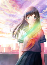 Rule 34 | 1girl, black hair, blurry, blush, city, cloud, colorful, commentary, depth of field, embarrassed, green eyes, highres, kazuharu kina, lens flare, light, light particles, light rays, long hair, open mouth, original, rainbow, rooftop, school uniform, serafuku, signature, sky, solo, sunlight, sunset, surprised, uniform, wings