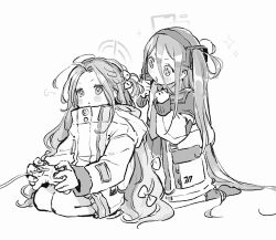 Rule 34 | + +, 2girls, :&lt;, :o, absurdres, aris (blue archive), blue archive, blush, bow, clenched hands, coat, controller, game controller, greyscale, hair between eyes, hair bow, hairband, halo, highres, holding, holding controller, holding game controller, long hair, long hair between eyes, long sleeves, messy hair, monochrome, multiple girls, necktie, nrnroooo, off shoulder, one side up, open clothes, open coat, puff of air, simple background, sitting, socks, very long hair, yuzu (blue archive)
