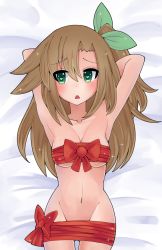Rule 34 | 1girl, arms up, asymmetrical hair, bed, breast press, breasts, brown hair, collarbone, cowboy shot, green eyes, groin, hair ornament, hair ribbon, heart, heart-shaped pupils, highres, if (neptunia), looking to the side, lying, mahruru, medium breasts, midriff, naked ribbon, navel, neptune (series), nude, on back, on bed, ponytail, ribbon, shin jigen game neptune vii, shiny skin, side ponytail, stomach, symbol-shaped pupils