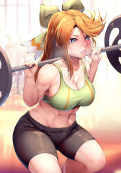 Rule 34 | 1girl, alternate breast size, alternate costume, bare arms, bare shoulders, bike shorts, black shorts, blue eyes, bow, breasts, cleavage, clenched teeth, commentary request, crop top, etie (fire emblem), exercising, female focus, fire emblem, fire emblem engage, green bow, hair bow, hands up, harihisa, highres, large breasts, long hair, midriff, navel, nintendo, orange hair, revision, shorts, solo, stomach, teeth, thighs, weightlifting