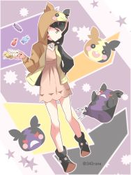 Rule 34 | 1girl, 343rone, ankle boots, artist name, black choker, black footwear, black hair, black nails, boots, candy, candy wrapper, character print, choker, commentary request, creatures (company), dress, full body, game freak, gen 8 pokemon, green eyes, highres, hood, hood up, hooded jacket, jacket, knees, marnie (pokemon), morpeko, morpeko (full), morpeko (hangry), motion lines, nail polish, nintendo, open clothes, open jacket, outline, pink dress, pokemon, pokemon (creature), pokemon swsh, star (symbol), watermark, wrapped candy