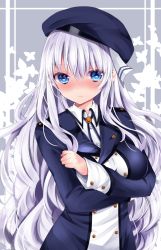 Rule 34 | 1girl, bad id, bad pixiv id, beret, blue eyes, blue hat, blue jacket, blush, breasts, bug, butterfly, closed mouth, collared shirt, commentary request, crossed arms, dress shirt, grey background, hair between eyes, hat, highres, insect, jacket, long hair, long sleeves, looking at viewer, medium breasts, nanase nao, nose blush, original, shirt, silver hair, solo, very long hair, white shirt