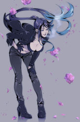 Rule 34 | 1girl, ankle boots, arm support, bad id, bad pixiv id, bent over, black bra, black footwear, black gloves, black pants, blue hair, boots, bra, breasts, cigarette, cleavage, collarbone, earrings, female focus, flower, full body, gloves, gradient hair, hand on own hip, hand on own knee, high heel boots, high heels, highres, jacket, jewelry, large breasts, legs apart, long hair, looking to the side, marichi, md5 mismatch, midriff, mouth hold, multicolored hair, navel, original, pants, parted lips, petals, pigeon-toed, ponytail, purple hair, rose, shoes, simple background, smoking, solo, standing, torn clothes, torn jacket, underwear, very long hair