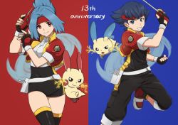 Rule 34 | 1boy, 1girl, anniversary, bad id, bad pixiv id, black hair, blue background, blue eyes, blue hair, capture styler, clenched hand, closed mouth, creature, creatures (company), electricity, english text, feet out of frame, game freak, gen 3 pokemon, holding, iruzu (pixiv27236115), looking at viewer, lunick (pokemon), minun, nintendo, plusle, pokemon, pokemon (creature), pokemon ranger, pokemon ranger 1, pokemon ranger uniform, red background, red eyes, shoes, sidelocks, simple background, smile, solana (pokemon), uniform