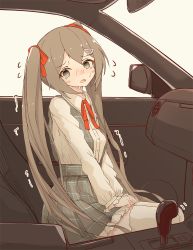 Rule 34 | 1girl, alternate hair color, blush, breasts, brown hair, car interior, clenched hands, embarrassed, female focus, flying sweatdrops, frilled skirt, frills, full body, green eyes, grey skirt, hair ornament, hair ribbon, hairclip, hatsune miku, have to pee, head tilt, highres, legs together, long hair, long sleeves, looking at viewer, miniskirt, minoco, neck ribbon, nose blush, open mouth, own hands together, plaid, plaid skirt, pleated skirt, red ribbon, ribbon, shirt, sitting, skirt, small breasts, solo, suspenders, sweat, tears, thighhighs, trembling, twintails, v arms, very long hair, vocaloid, white shirt, white thighhighs, window