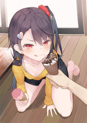 Rule 34 | 1girl, :3, :q, all fours, barefoot, between legs, black hair, black shorts, breasts, closed mouth, collarbone, cream, cream on face, earrings, food, food on face, hair ornament, hair scrunchie, has bad revision, holding, holding food, ice cream, jewelry, long hair, long sleeves, looking at viewer, md5 mismatch, on floor, one side up, original, pov, pov hands, red eyes, resolution mismatch, scrunchie, shirt, short shorts, shorts, small breasts, smile, solo focus, source smaller, thighs, tokuno yuika, tongue, tongue out, v-shaped eyebrows, wooden floor, yellow shirt