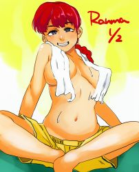 Rule 34 | 1girl, absurdres, braid, braided ponytail, breasts, convenient censoring, copyright name, genderswap, genderswap (mtf), grin, highres, large breasts, long hair, looking at viewer, navel, parted lips, ponytail, purple eyes, ranma-chan, ranma 1/2, red hair, saotome ranma, shorts, sitting, smile, solo, teeth, topless, towel, towel around neck, towel over breasts, waniwani0224, wet