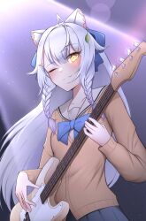 Rule 34 | 1girl, absurdres, animal ear fluff, animal ears, bakanuki mika, bass guitar, blue bow, blue skirt, bow, braid, breasts, cardigan, closed mouth, collarbone, commentary, cowlick, english commentary, fang, glowing, glowing eye, hair bow, highres, holding, holding instrument, indie virtual youtuber, instrument, long hair, low twin braids, one eye closed, pendreon, pleated skirt, sailor collar, shadow, skirt, sky, small breasts, smile, solo, star (sky), starry sky, twin braids, upper body, very long hair, virtual youtuber, white hair, yellow eyes