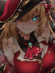 Rule 34 | 1girl, akai haato, ascot, bicorne, black choker, black headwear, black jacket, black leotard, blonde hair, blue eyes, blush, breasts, brooch, choker, cleavage, cosplay, cropped jacket, frilled choker, frills, hair ornament, hair over one eye, hair ribbon, hat, heart, heart hair ornament, highres, hololive, hoodboy49009174, houshou marine, houshou marine (1st costume), houshou marine (cosplay), jacket, jewelry, large breasts, leotard, leotard under clothes, long hair, looking at viewer, multicolored clothes, multicolored jacket, off shoulder, pirate hat, red ascot, red jacket, red ribbon, ribbon, see-through, see-through cleavage, smile, twintails, two-tone jacket, virtual youtuber