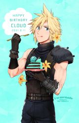 Rule 34 | 1boy, aqua background, aqua eyes, armor, artist name, bandaged arm, bandages, belt, birthday cake, blonde hair, blue pants, blue shirt, brown gloves, cake, character name, cloud strife, cowboy shot, dated, earrings, eating, final fantasy, final fantasy vii, final fantasy vii remake, flower, food, fork, gloves, hair between eyes, hair flower, hair ornament, happy birthday, highres, holding, holding fork, holding plate, ice cream, jewelry, krudears, looking at viewer, male focus, multiple belts, muscular, muscular male, pants, plate, shirt, short hair, shoulder armor, single earring, sleeveless, sleeveless turtleneck, solo, spiked hair, suspenders, tongue, tongue out, turtleneck, twitter username, yellow flower