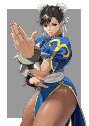 Rule 34 | 1girl, absurdres, bracelet, brown eyes, brown hair, capcom, chinese clothes, chun-li, double bun, fighting stance, hair bun, highres, jewelry, lips, looking at viewer, pantyhose, pelvic curtain, solo, spiked bracelet, spikes, street fighter, thick thighs, thighs, v-shaped eyebrows, yagi (joe731842)