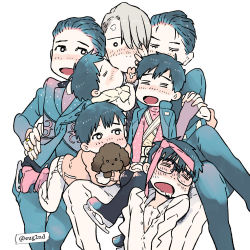 Rule 34 | 10s, 6+boys, = =, black hair, blush, child, dog, drooling, eugenio2nd, closed eyes, gloves, hair over one eye, holding hands, hand on another&#039;s hip, ice skates, jewelry, katsuki yuuri, crossed legs, male focus, medal, multiple boys, multiple persona, necktie, necktie on head, open mouth, ring, scarf, silver hair, sitting, sitting on lap, sitting on person, skates, smile, vicchan, viktor nikiforov, aged down, yuri!!! on ice