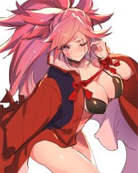 Rule 34 | 1girl, amputee, baiken, bikini, blush, breasts, cleavage, guilty gear, guilty gear xrd, japanese clothes, kimono, large breasts, long hair, one-eyed, open clothes, oro (sumakaita), pink eyes, pink hair, ponytail, scar, scar across eye, scar on face, solo, swimsuit, tattoo