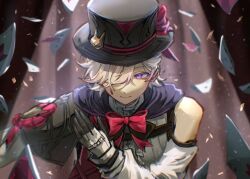 Rule 34 | 1boy, bow, bowtie, card, closed mouth, confetti, detached sleeves, eh neg00, facial mark, genshin impact, gloves, grey hair, hair over one eye, hat, highres, korean commentary, looking at viewer, lyney (genshin impact), male focus, playing card, purple eyes, red bow, red bowtie, solo, spotlight, teardrop facial mark, top hat, twitter username, upper body