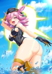 Rule 34 | 1girl, ass, bare shoulders, beret, black one-piece swimsuit, blue sky, blush, breasts, bright pupils, cleavage, cleavage cutout, clothing cutout, cloud, fate/grand order, fate (series), gloves, guriguri (arayotto4351), hat, head wings, highleg, highleg swimsuit, hildr (fate), hildr (swimsuit assassin) (fate), large breasts, looking at viewer, medium hair, one-piece swimsuit, one eye closed, open mouth, pink hair, red eyes, sandals, sideboob, sky, sleeveless, smile, solo, sunlight, swimsuit, thigh strap, thighs, valkyrie (fate), water, white pupils, wings