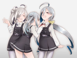Rule 34 | &gt; &lt;, 3girls, :d, = =, ahoge, alternate costume, asashimo (kancolle), belt, blue hair, blush, bow, bowtie, brown eyes, closed eyes, comah, cosplay, dress, hair over one eye, hair ribbon, kantai collection, kasumi (kancolle), kasumi (kancolle) (cosplay), kiyoshimo (kancolle), long hair, long sleeves, low twintails, matching outfits, multicolored hair, multiple girls, neck ribbon, open mouth, pantyhose, pinafore dress, ponytail, remodel (kantai collection), ribbon, school uniform, side ponytail, silver hair, skirt, sleeveless dress, smile, suspenders, twintails, very long hair