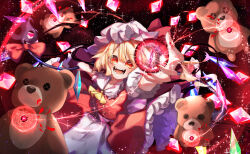 Rule 34 | 1girl, blonde hair, calpis118, collared shirt, commentary, crystal, danmaku, flandre scarlet, frilled skirt, frills, hat, hat ribbon, highres, laevatein (touhou), medium hair, mob cap, open mouth, outstretched arm, puffy short sleeves, puffy sleeves, red eyes, red skirt, red vest, ribbon, shirt, short sleeves, skirt, skirt set, solo, spell card, stuffed animal, stuffed toy, sunken fossil world, teddy bear, touhou, upper body, vest, white hat, white shirt, wings