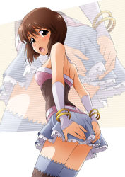 Rule 34 | 1girl, blush, bracelet, brown eyes, brown hair, covering privates, covering ass, dress, from below, hagiwara yukiho, idolmaster, idolmaster (classic), jewelry, looking at viewer, lots of jewelry, open mouth, panties, pantyshot, pink diamond 765, short hair, solo, strapless, strapless dress, sunsun69, thighhighs, underwear