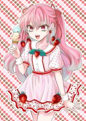 Rule 34 | 1girl, blue hair, colored inner hair, commentary request, dress, earrings, food, food-themed earrings, food themed earrings, fruit, holding, holding food, holding ice cream, ice cream, ice cream cone, jewelry, kimura pikoriino, multicolored hair, open mouth, pink hair, polka dot, polka dot background, puffy short sleeves, puffy sleeves, rope, short dress, short sleeves, smile, solo, strawberry, strawberry earrings, streaked hair, tensei-kun wa lolicon janai!, two-tone hair, two side up, wrist cuffs