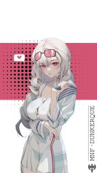 Rule 34 | 1girl, absurdres, arm under breasts, azur lane, breast hold, breasts, character name, colored tips, cowboy shot, curly hair, dress, dunkerque (afternoon venus) (azur lane), dunkerque (azur lane), eyelashes, eyewear on head, fingernails, grey hair, hand up, heart, highres, huangmao, jacket, large breasts, long hair, long sleeves, looking at viewer, multicolored hair, off shoulder, official alternate costume, open clothes, open jacket, red-tinted eyewear, red eyes, short dress, sleeveless, sleeveless dress, solo, spoken heart, striped, sunglasses, sweat, tinted eyewear, wet, wet hair, white background, white dress