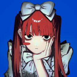 Rule 34 | 1girl, black eyes, blue background, blunt bangs, blush stickers, bow, chimaki pirsk, closed mouth, dress, hair bow, head rest, highres, long hair, looking at viewer, original, red hair, simple background, single blush sticker, solo, upper body, white bow, white dress