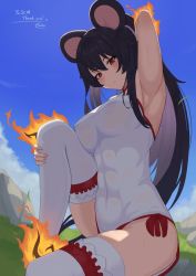 Rule 34 | 1girl, animal ears, arm up, armpits, bell orgel, black hair, blue sky, blush, breasts, closed mouth, cloud, commission, covered abs, covered erect nipples, fire, grass, highres, hinezumi (monster girl encyclopedia), large breasts, leotard, long hair, monster girl encyclopedia, mouse ears, original, red eyes, rock, sidelocks, sitting, skeb commission, sky, solo, thighhighs, white leotard, white thighhighs