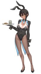 Rule 34 | 1girl, absurdres, animal ears, black gloves, black hair, black hairband, black jacket, black leotard, blue necktie, blush, breasts, brown pantyhose, cleavage, coattails, cup, detached collar, fake animal ears, food, full body, gloves, hairband, high heels, highres, holding, holding tray, jacket, large breasts, leotard, long sleeves, looking at viewer, necktie, one-piece tan, open clothes, open jacket, original, pantyhose, parted lips, short hair, simple background, solo, standing, strapless, strapless leotard, tan, tanline, tray, white background, wrist cuffs, yellow eyes, yuya (yuya illust)