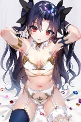 Rule 34 | 1girl, absurdres, adapted costume, armlet, armpits, arms up, black hair, blue thighhighs, bow, bra, breasts, bridal garter, detached collar, fate/grand order, fate (series), from above, garter belt, gloves, hair bow, head tilt, highres, ishtar (fate), long hair, looking at viewer, navel, nekometaru, panties, parted lips, red eyes, single thighhigh, small breasts, solo, thighhighs, two side up, underwear, white bra, white gloves, white panties