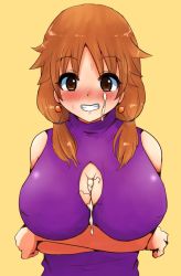 Rule 34 | 1girl, after paizuri, arms under breasts, bad id, bad twitter id, breasts, brown hair, cleavage cutout, clothing cutout, crossed arms, cum, cum on body, cum on breasts, cum on upper body, grin, idolmaster, idolmaster cinderella girls, katagiri sanae, large breasts, short twintails, siirg nndnmn, simple background, smile, solo, stray pubic hair, twintails
